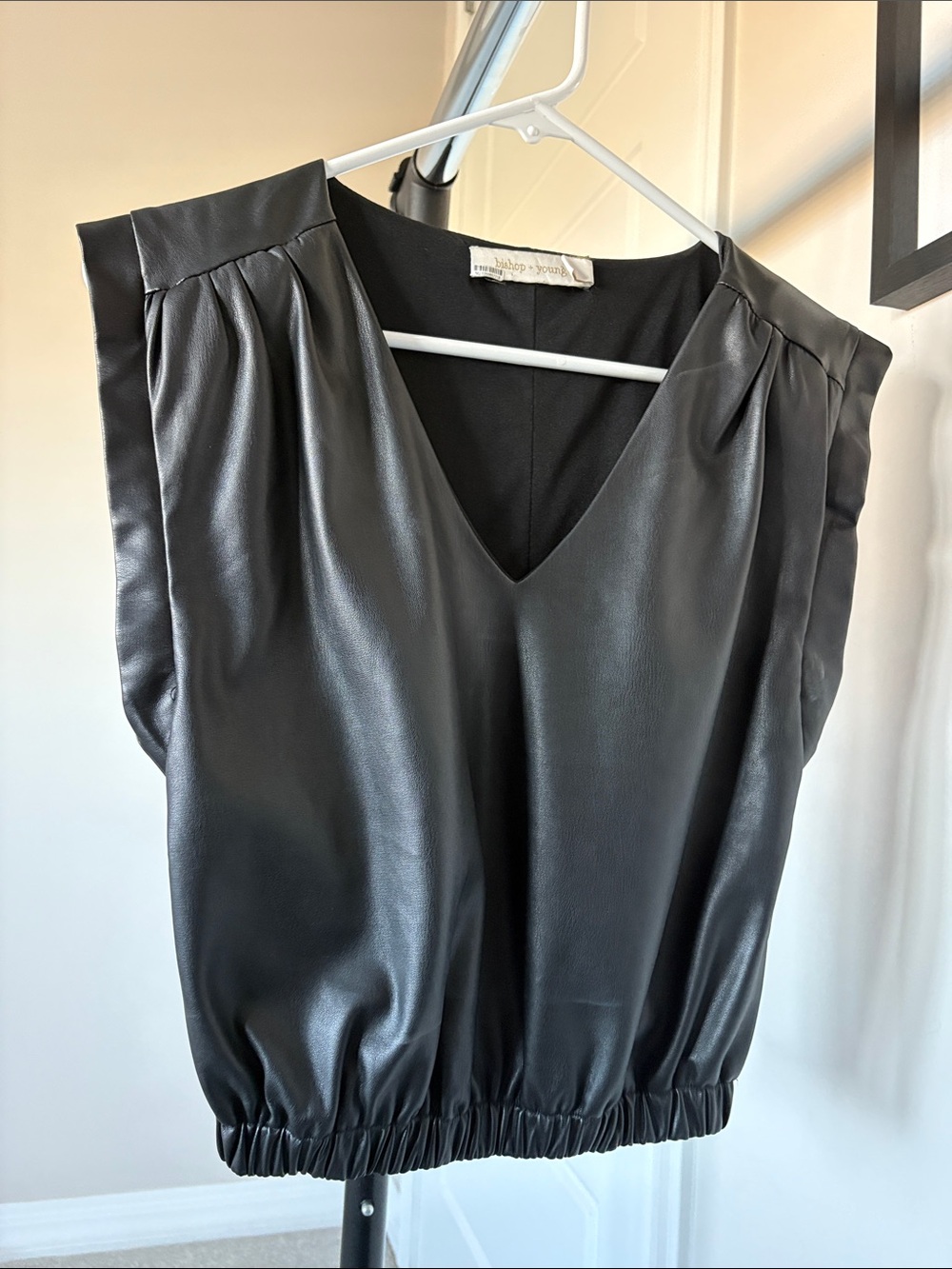 bishop + young Black Faux Leather V-Neck Blouson Top
